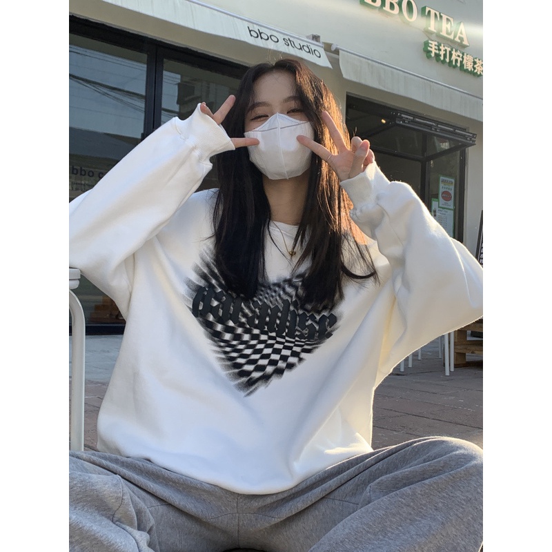 Áo sweater Dáng Rộng Phối Nhung Dày In Hình Cờ Vua Trái Tim Thời Trang Mùa Thu 2022 Mới