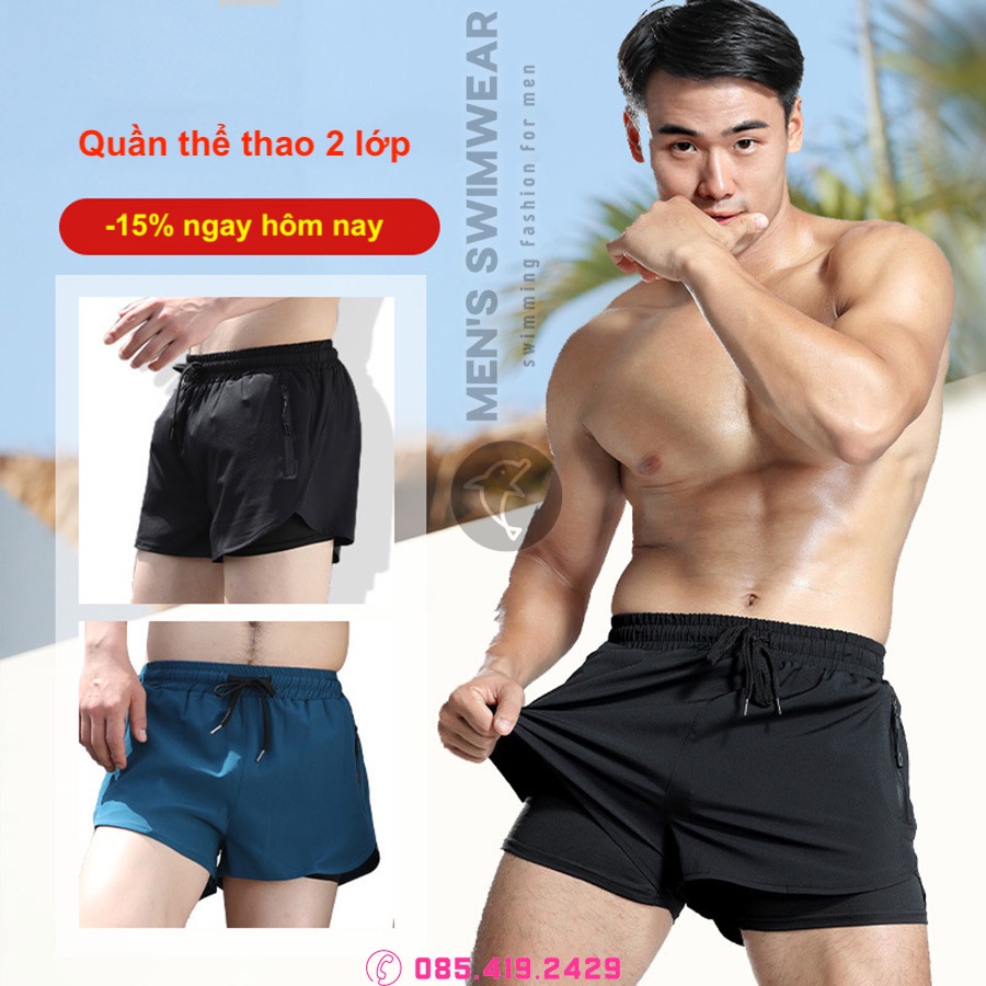 Quần đùi short nam 2 lớp đi bơi, tập gym, chạy bộ thể thao chính hãng (DBN-194)