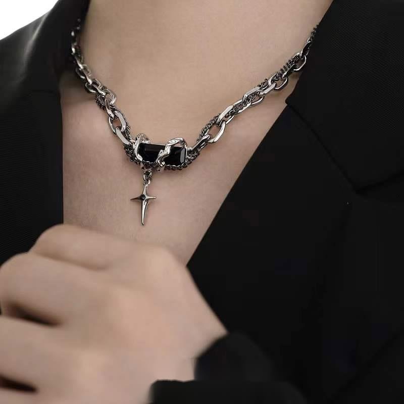 Vòng Cổ Dây Xích Mặt Chữ Thập Đính Đá Zircon Đen Zircon Mang Phong Cách Hip Hop Đường Phố Sang Trọng Cá Tính