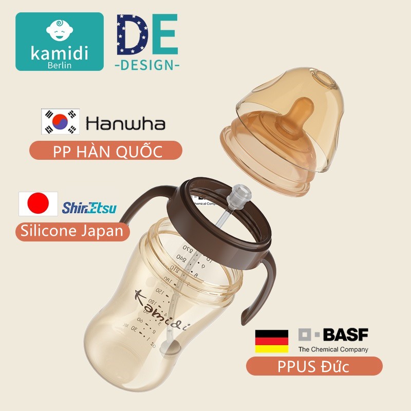 Bình sữa PPUS KAMIDI cao cấp kết hợp núm sữa silicon thiết kế mô phỏng đầu ti mẹ 210ML VÀ 300ML