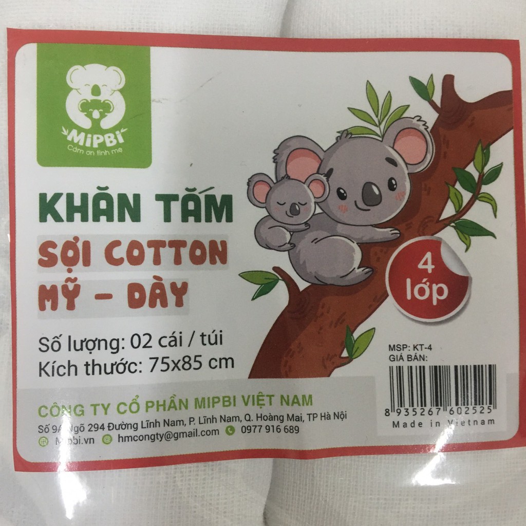 Khăn tắm Mipbi 100% sợi cotton Mỹ dày (Túi 2 chiếc 75x85cm)