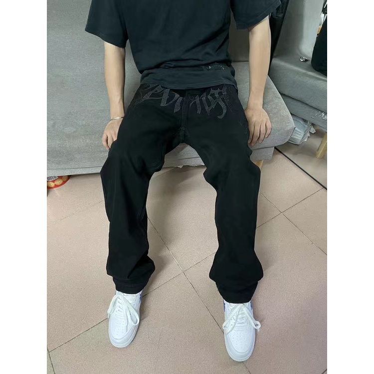 Quần jean ống rộng basic họa tiết chữ thêu phong cách hiphop