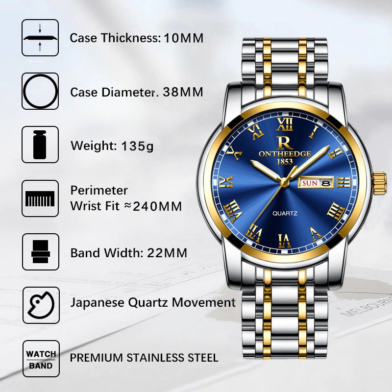 ĐỒNG HỒ NAM CAO CẤP ONTHEEDGE KÍNH TRÁNG SAPPHIRE DÂY KIM LOẠI KHÔNG GỈ + TẶNG KÈM PIN AESHOP.01 | BigBuy360 - bigbuy360.vn