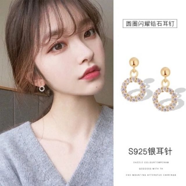 Hoa tai khuyên tròn đính hạt bạc 925