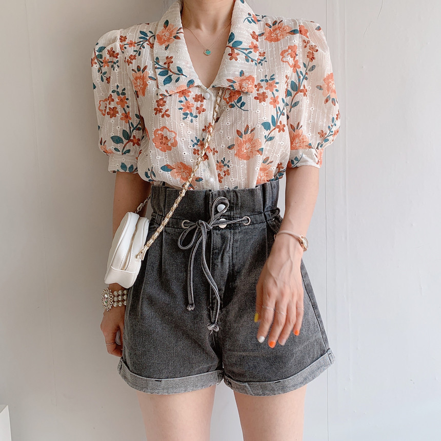 Áo Sơ Mi Nữ Tay Ngắn Thêu Hoa Phong Cách Retro Hàn Quốc