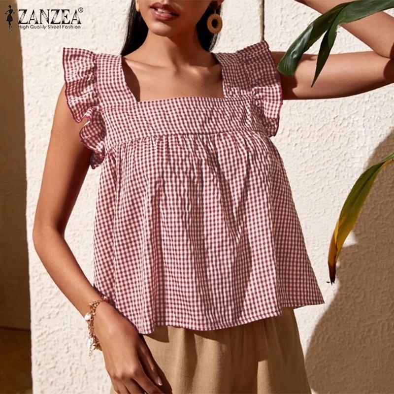 Áo kiểu babydoll Zanzea cổ vuông tay phồng họa tiết sọc caro phong cách Châu Âu thời trang cho nữ