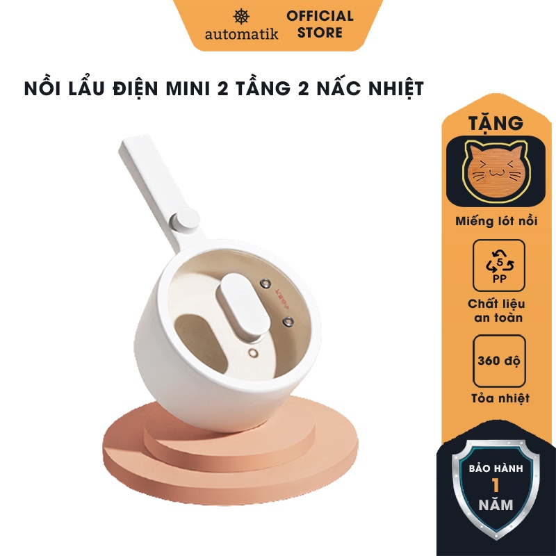 Nồi Lẩu Điện Mini Đa Năng 1.2L, Ca Nấu Mì, Ca Lẩu Mini 2 Tầng 2 Nấc Nhiệt + Tặng Miếng Gỗ Lót Nồi - Automatik