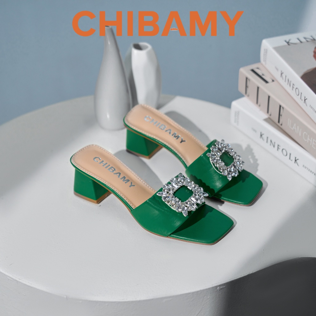 Guốc cao gót nữ đính đá CHIBAMY cao 5cm gót vuông chất da mềm mã GU01