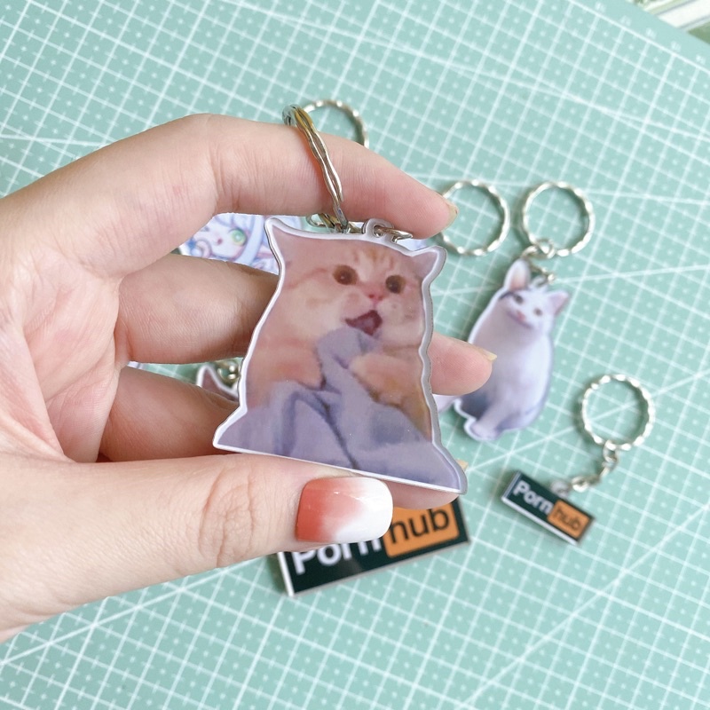 Móc khóa mica in hình mèo meme cute, giận dữ, đáng yêu, bựa