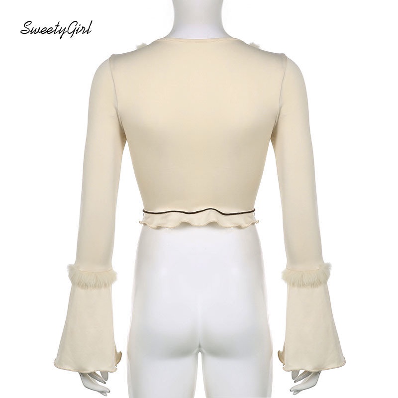 Áo Thun Tay Dài Cổ Tròn Phối Vải Lông Màu Trắng Tương Phản Thời Trang 2022 Cho Nữ