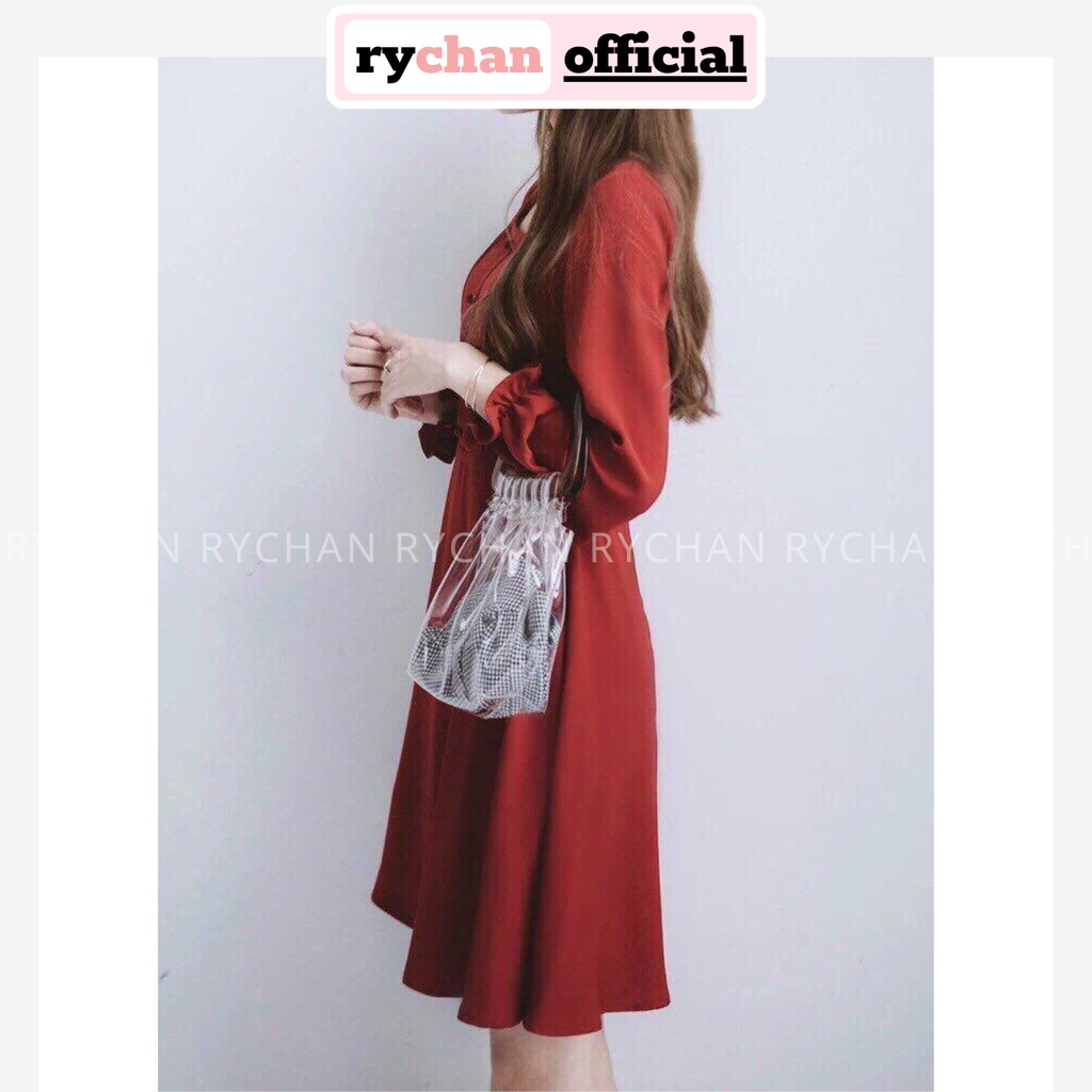 Đầm Xòe Đỏ Nút Bọc Cổ Vuông Tay Dài [ẢNH THẬT CUỐI] - DX818