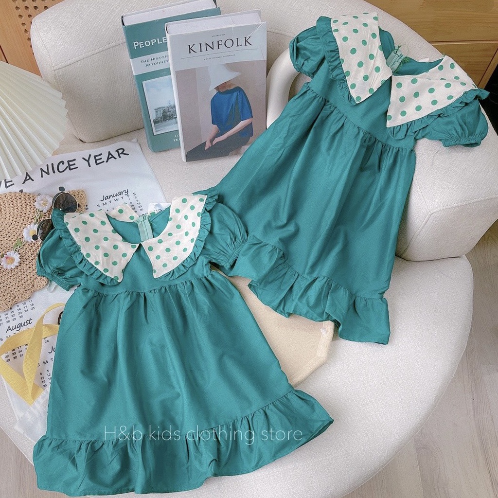 Váy Bé Gái-❤V0035❤Đầm cho bé chất liệu thô giấy lạnh cao cấp. váy công chúa màu xanh cổ chấm bi