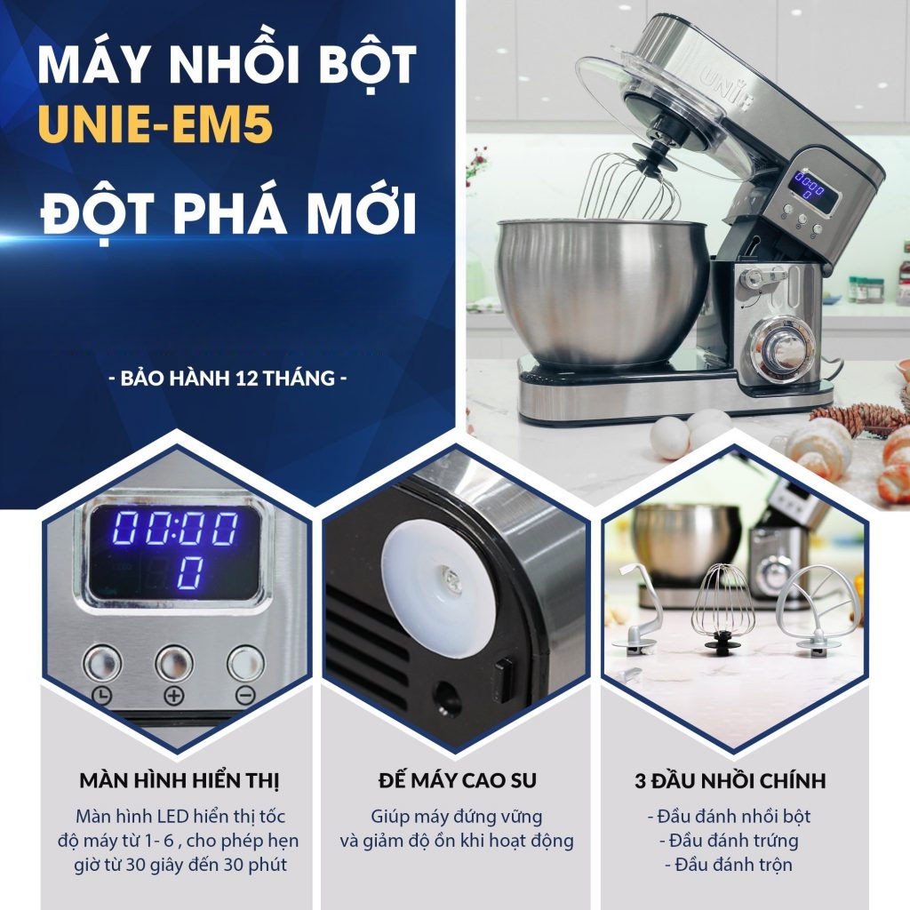 (Mã CHUT002 giảm 8%) Máy nhồi, trộn bột đa năng Unie EM5 (Bản nâng cấp) - 8L - Hàng chính hãng