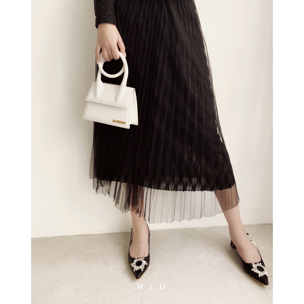 Chân váy midi Ami skirt black H.I.U ROOM xếp ly voan ánh kim 2 lớp, HIU desgin 2021 | BigBuy360 - bigbuy360.vn