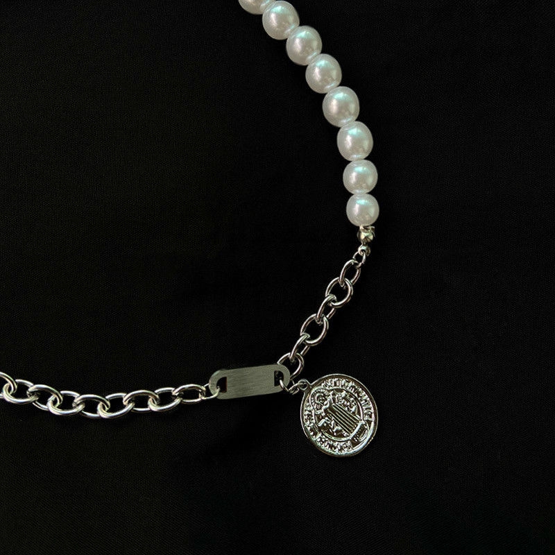 Dây Chuyền Bằng Thép Titan Không Phai Mặt Đính Hạt Ngọc Trai Phong Cách Hip Hop 22462