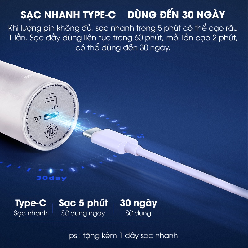 Máy Cạo Râu Mini Smate ST-R102C - Lưỡi Cạo Xoáy 3 Lá - Vỏ Kim Loại Sang Trọng - Sạc Nhanh Type-C - Full Kháng Nước IPX7