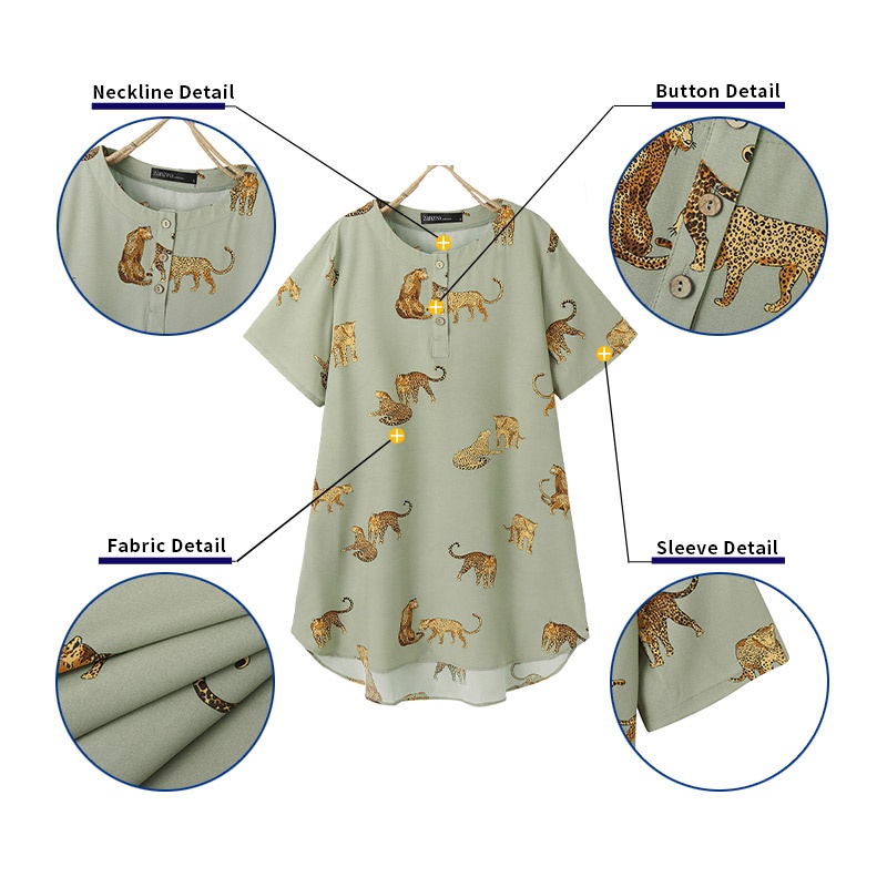 ZANZEA Đầm Tay Ngắn Cổ Tròn Cài Nút Trước Họa Tiết Động Vật Thời Trang Cho Nữ