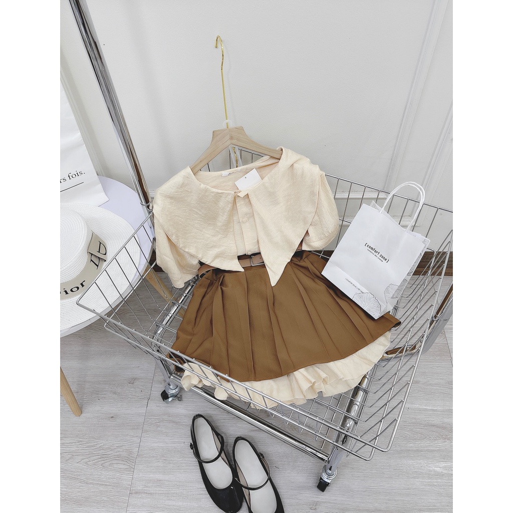 Bộ Áo Sơ Mi Cổ Sen Chân Váy Kaki Xòe Viền Bèo  Set Áo Nữ Cộc Tay Kèm Váy 2 Lớp dây lưng THỜITRANG1989