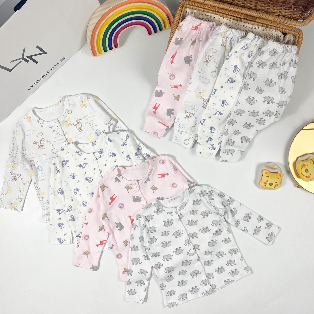 [SALE] Bộ Sơ Sinh Cho Bé Trai, Bé Gái Minky Mom Vải Cotton Borip Động Vật, Bộ Dài Tay Cho Bé MKMSS2104