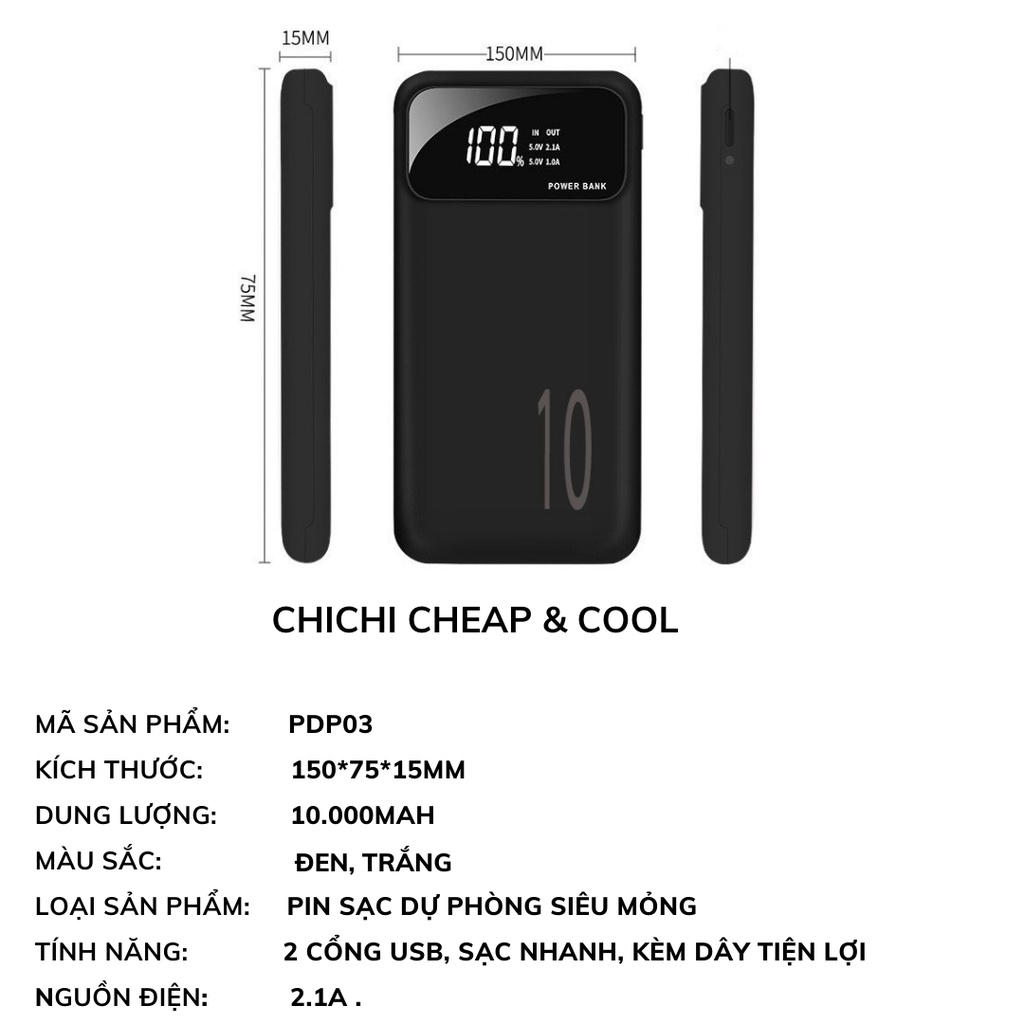 Sạc Dự Phòng siêu mỏng không dây 10000mAh sạc nhanh nhỏ gọn cao cấp giá rẻ ChiChi PDP03