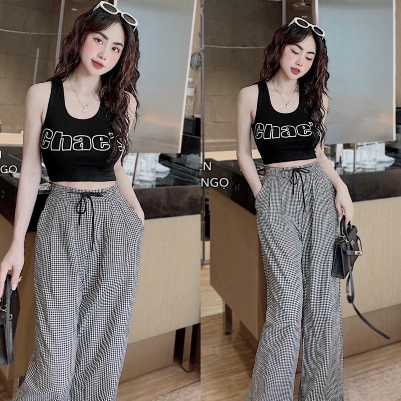 Set Bộ áo balo Cổ U Chaes kèm quần caro