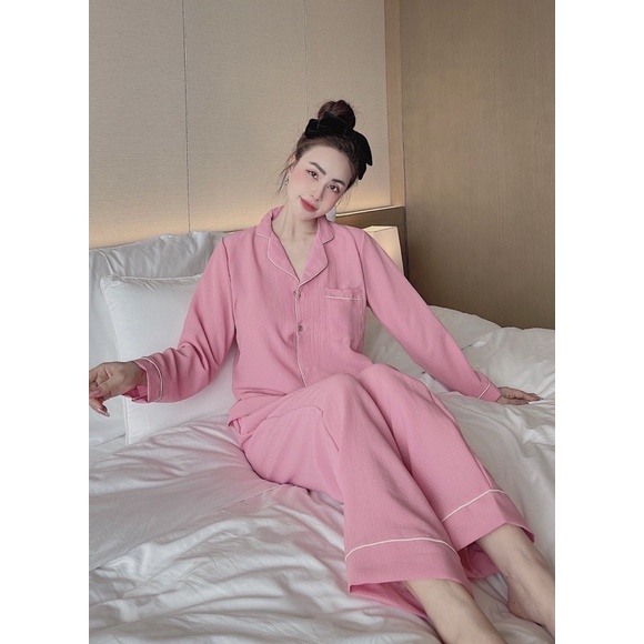 Bộ Pijama mặc nhà Nữ mẫu đũi xốp trơn, Đồ ngủ Thu Đông Áo dài quần dài xinh