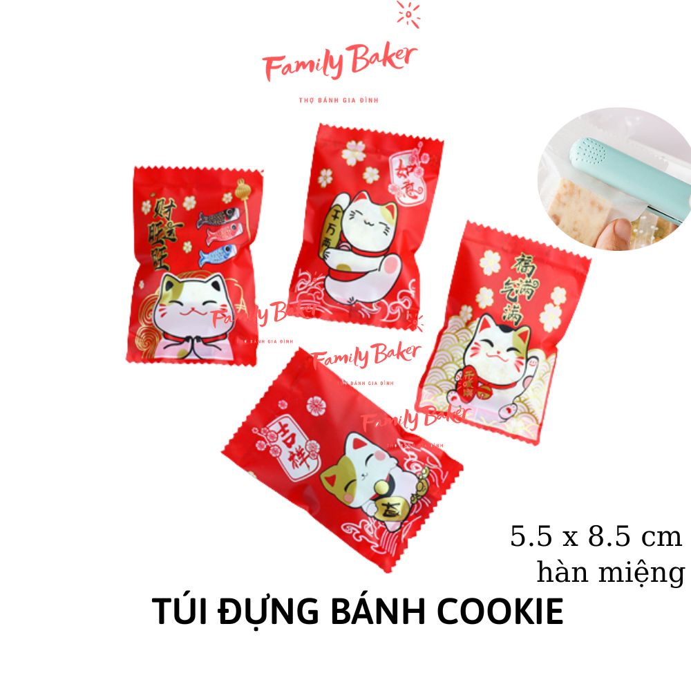 Túi gói kẹo Nougat, Túi đựng bánh cookie, vỏ túi đóng kẹo hạnh phúc size 5.5x8.5 cm (Mèo thần tài 4 trong 1)