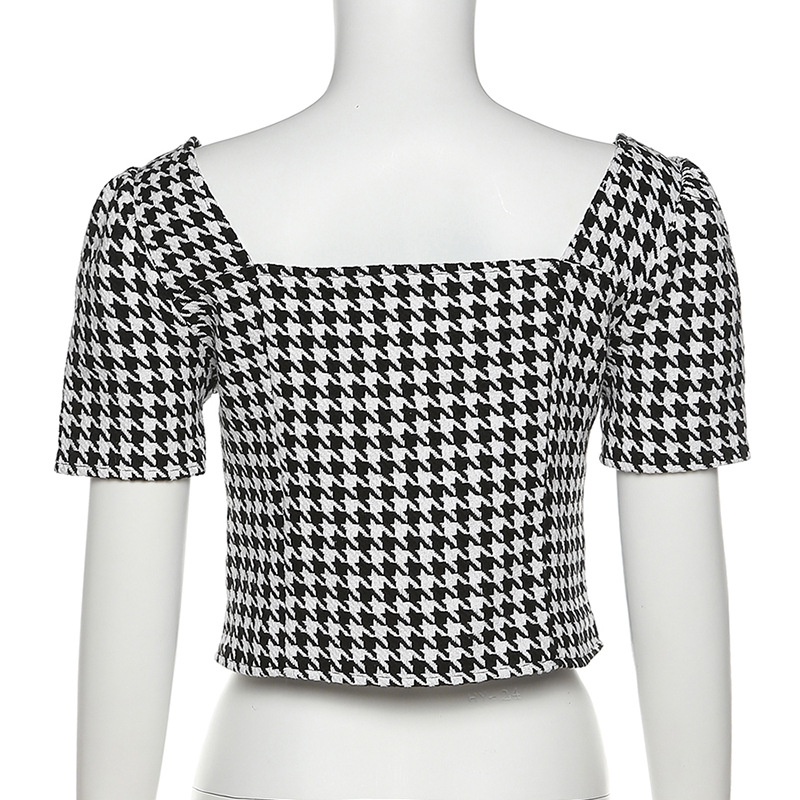 Áo Thun Ngắn Tay Cổ Vuông Phối Nút Họa Tiết Houndstooth Thời Trang Cho Nữ