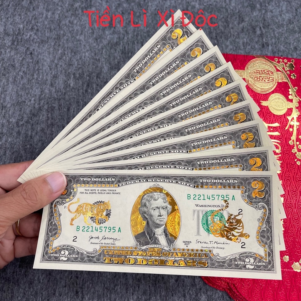 Combo 10 Tờ Tiền 2 Đô Con Mèo Mạ Vàng 3D Kèm Bao Lì Xì, 2 Usd Sưu Tầm Lưu Niệm, Lì Xì Tết