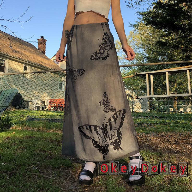 OKDK-Women’s Y2K Long Skirt Vintage Butterfly Printing Multi-layer Gothic Straight Skirts