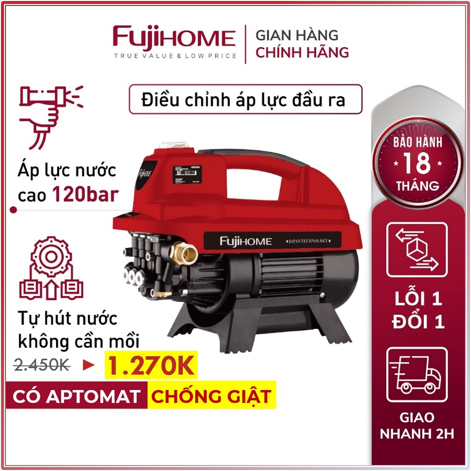 Máy xịt rửa xe tăng áp lực cao chống giật cho xe máy ô tô Fujihome, máy bơm rữa xe cầm tay cao áp nhỏ gọn cho gia đình