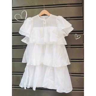 Đầm babydoll trắng voan bèo tầng nơ (ảnh thật)