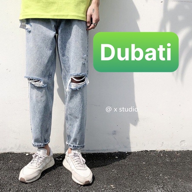 Quần Jean Nam Rách Gối Xanh Trơn, Quần Baggy Jeans Nam Unisex- DB 46- DUBATI FASHION