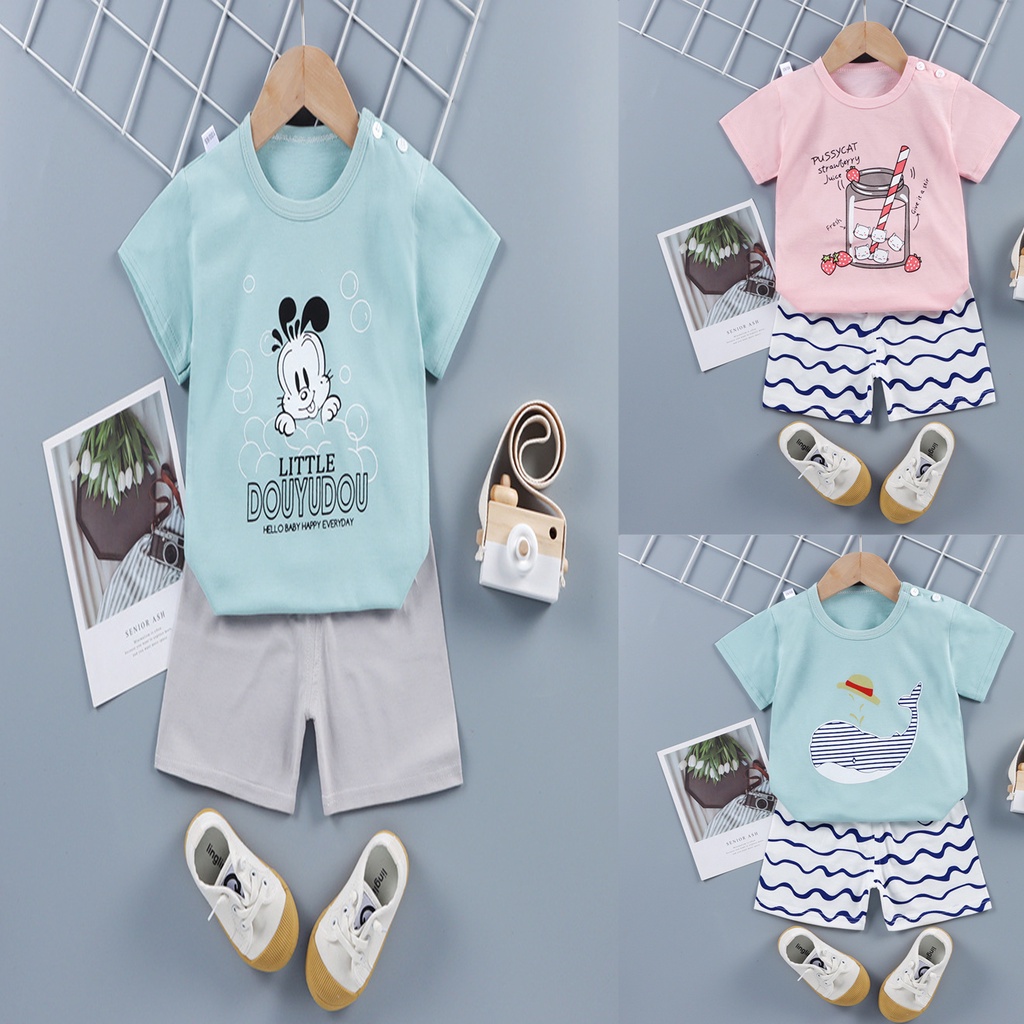 Bộ cotton sợi tre bé trai gái cộc ngắn tay thoáng mát phong cách hàn quốc