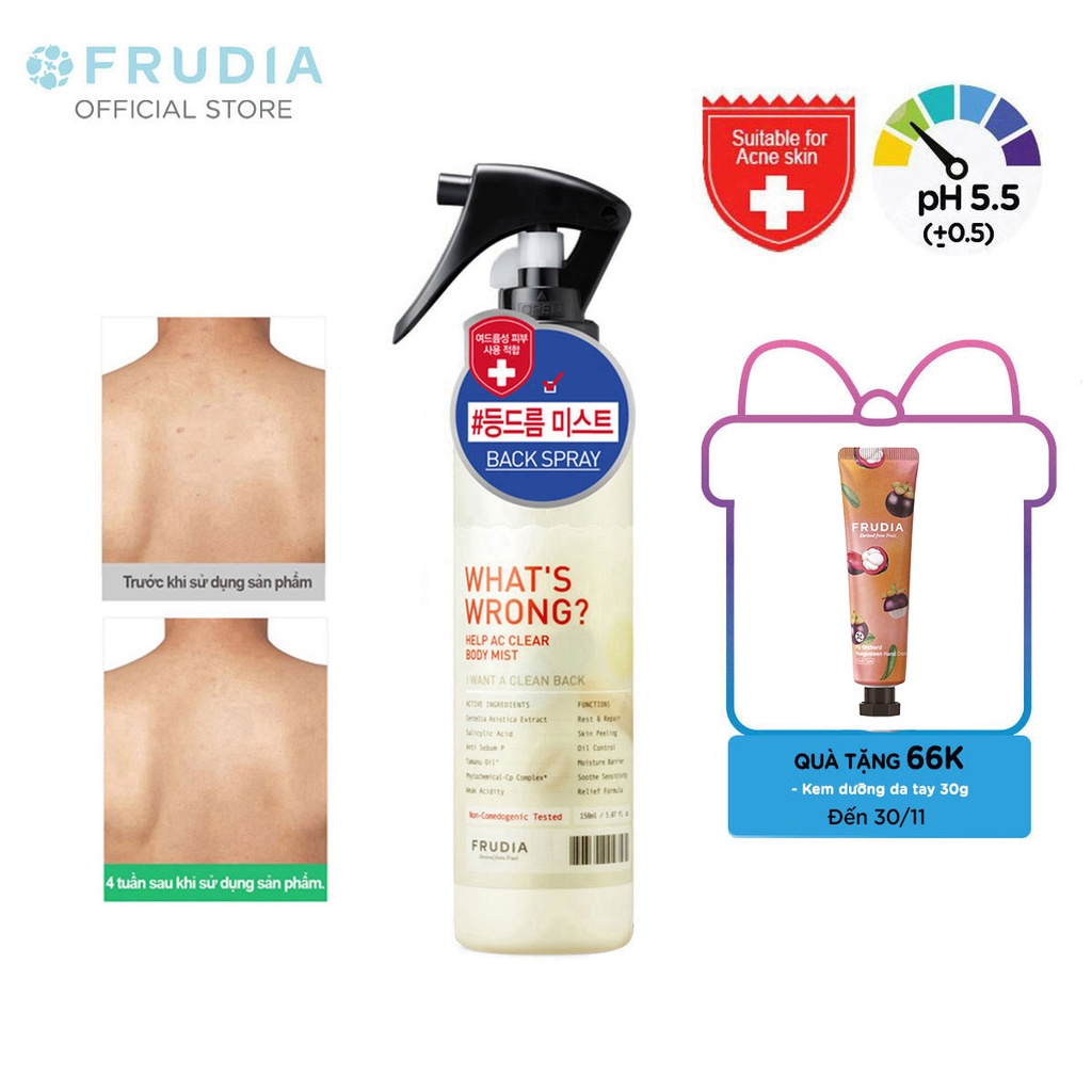[Mã FMCGMALL -8% đơn 250K] [TẶNG 66K] Chai Xịt Mụn Lưng Frudia Whats Wrong? Help AC Clear Body Mist 150ml | BigBuy360 - bigbuy360.vn