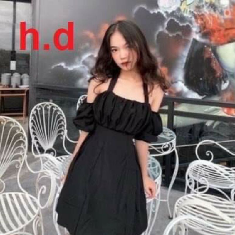 Váy cổ yếm buộc dây ulzzang Tay Bồng Nhún NgựcĐầm yếm trắng đen dự tiệc dáng xoè Vintage Tiểu Thư Bánh bèo dự tiệc