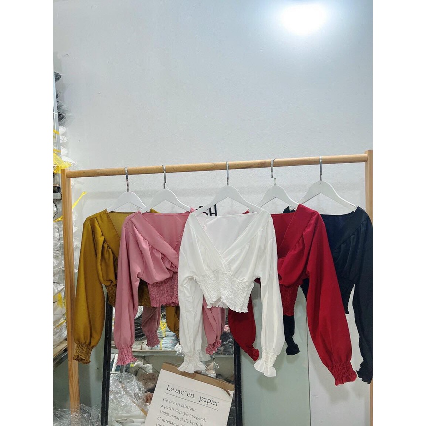 Áo Voan Kiểu Cổ Tim tay Dài Bo Eo Tay