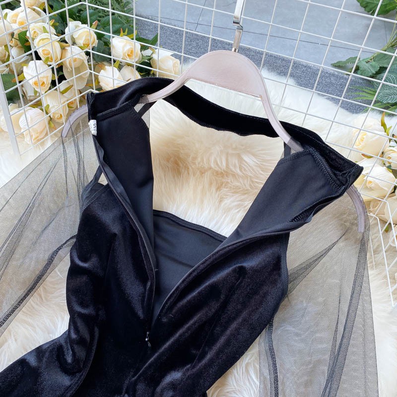 Đầm Nhung Dự Tiệc Hở Ngực Phối Tay Hàng Thiết Kế Tôn Dáng Sang Trọng | BigBuy360 - bigbuy360.vn