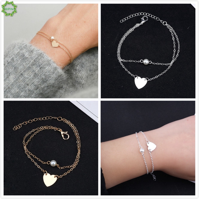 Vòng tay 2 lớp mặt trái tim đính đá/ngọc trai giả cho nữ