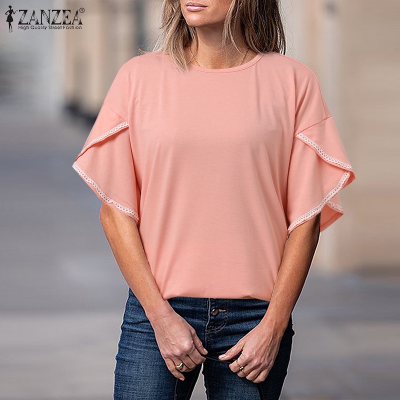 Zanzea Áo Thun Tay Ngắn Cổ Tròn Phối Ren Phong Cách Châu Âu Cho Nữ