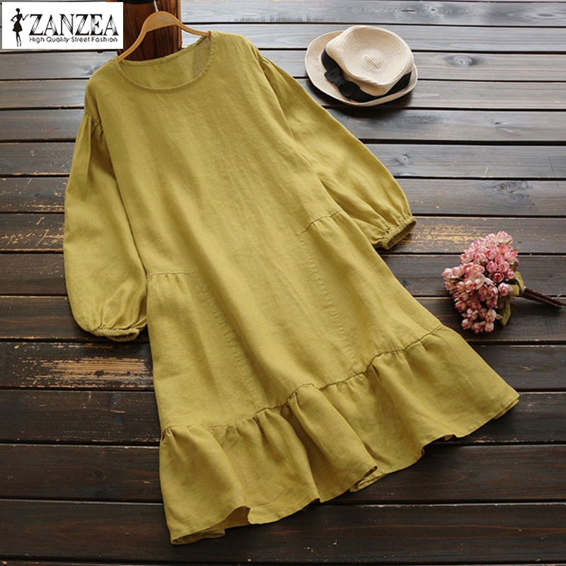 Đầm ZANZEA Tay Dài Màu Trơn Thời Trang Dành Cho Nữ