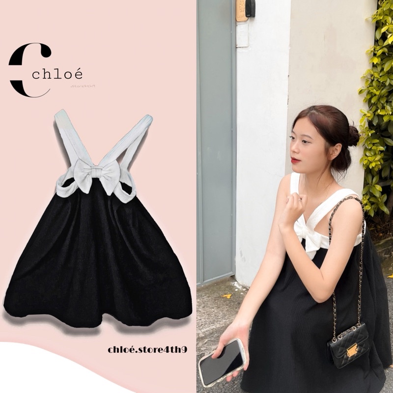 Váy cổ yếm đen nơ trắng
