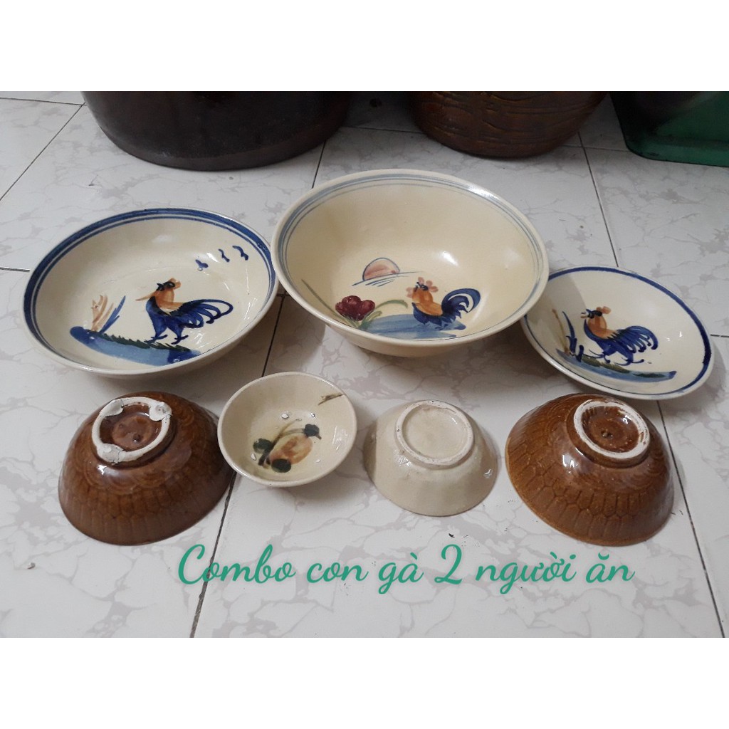 Combo chén dĩa xưa con gà 2 người ăn