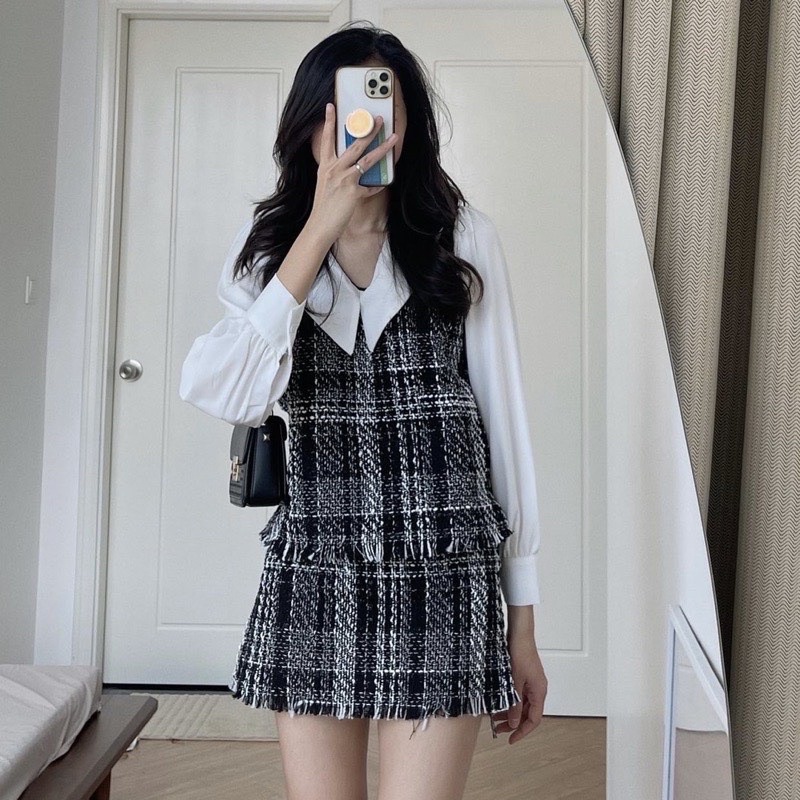 [ 𝐅𝐑𝐄𝐄 𝐒𝐇𝐈𝐏 ] SÉT DẠ CARO ĐAN CỔ SEN TAY TRẮNG CHÂN VÁY CHỮ A CHẤT DẠ MỀM ĐANH TAY Ạ