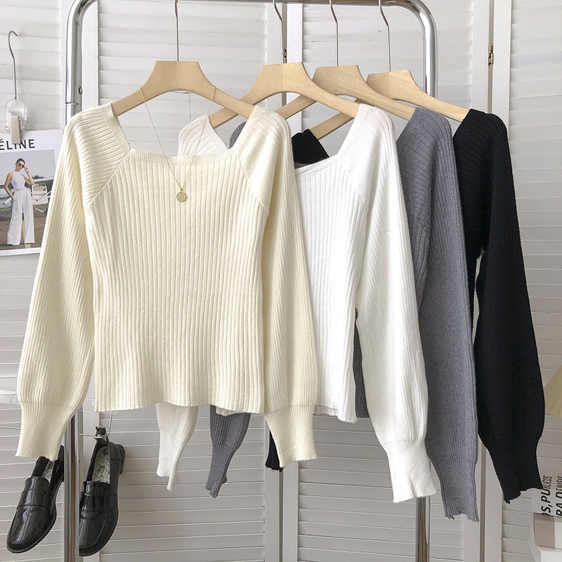 NUZIRO Áo dệt kim  tay dài cổ vuông màu đơn giản phong cách Hàn Quốc cho nữ