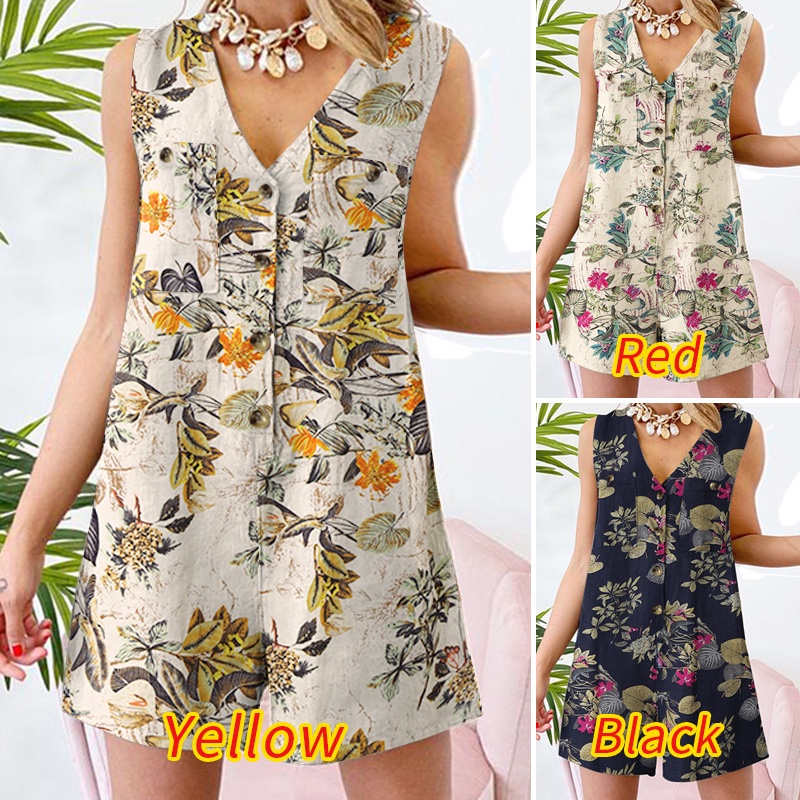 Áo liền quần Zanzea không tay cổ chữ v dáng rộng in họa tiết phối nút thời trang cho nữ