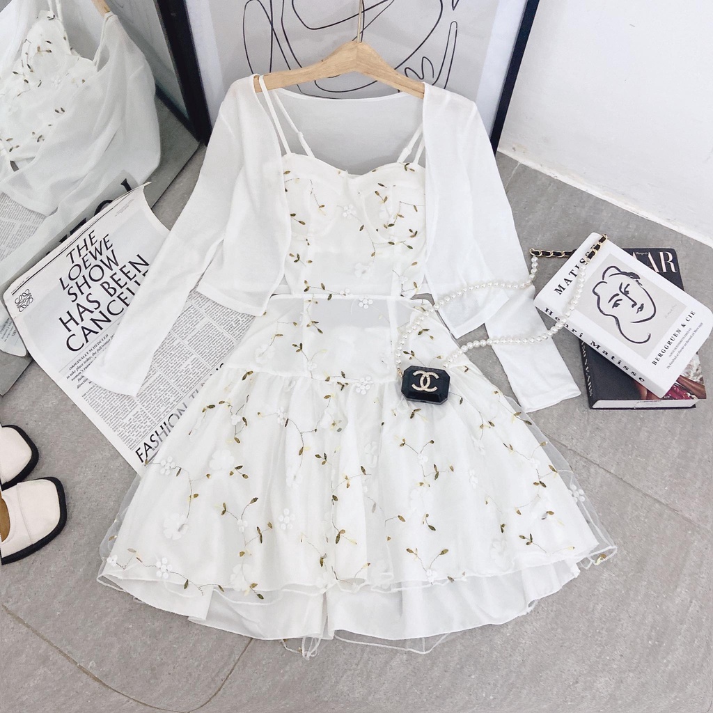 SET ĐẦM 2 DÂY HOA LÁ CÚP NGỰC CUTOUT LƯNG KÈM KHOÁC CROPTOP