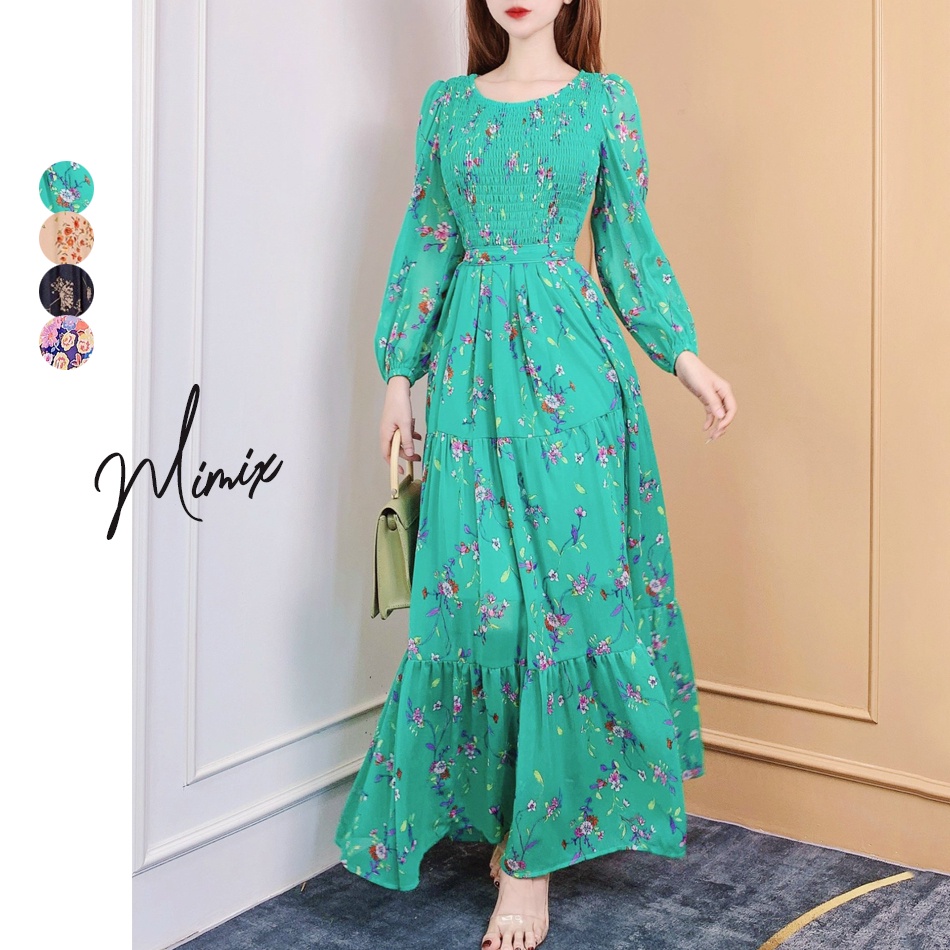 Đầm maxi tay dài bo chun họa tiết hoa MIMIX CA9250