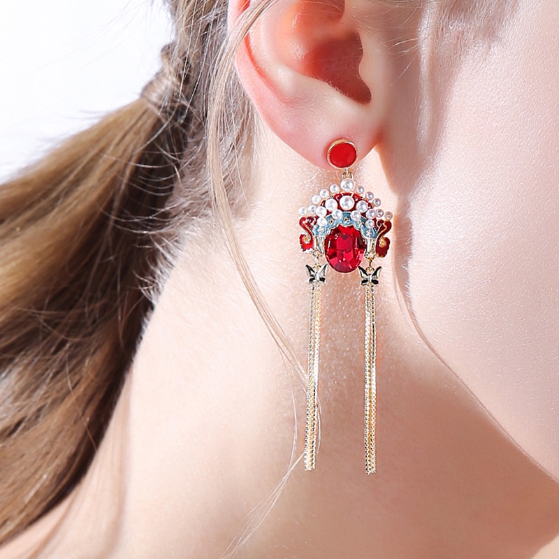 Khuyên Tai Tua Rua Màu Sắc Đỏ Phong Cách Trung Hoa Cổ Điển