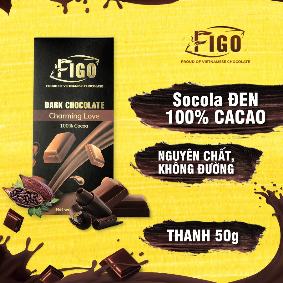 [Chính hãng] Dark Chocolate 100% Cacao Socola đen nguyên chất Figo thanh 50g